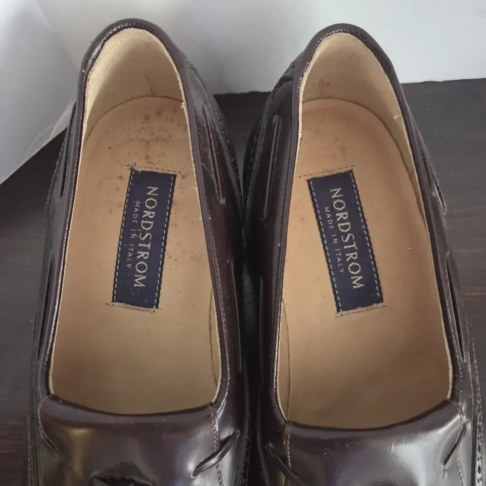 John W Nordstrom Men Kiltie Tassel Wingtip Loafers 8 W Burgundy Italy Leather